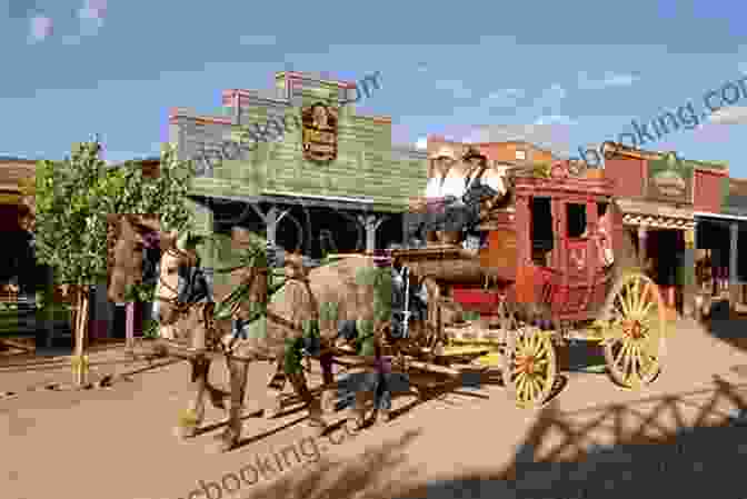 A Bustling Street Scene In Old Tucson, With Cowboys, Horses, And Stagecoaches. Images Of Old Tucson