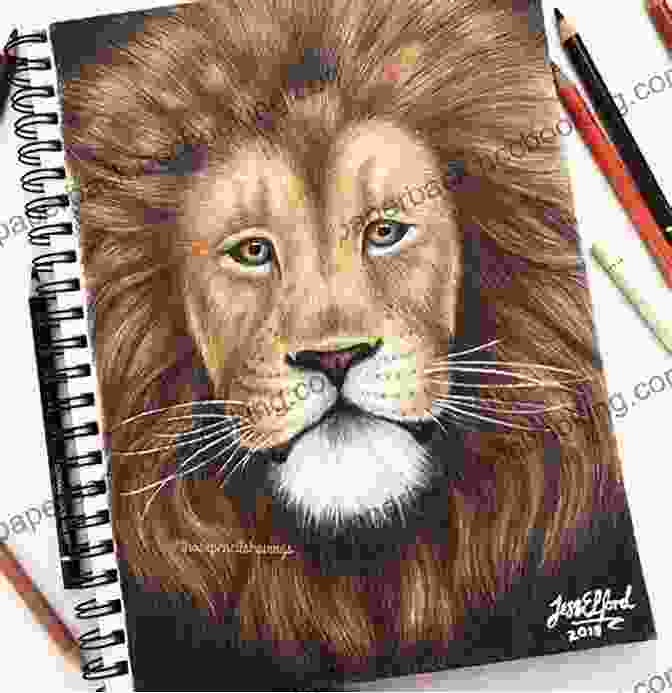 A Stunning Colored Pencil Portrait Of A Majestic Lion, Its Piercing Gaze And Flowing Mane Captured In Intricate Detail. Colored Pencil Animal Kingdom