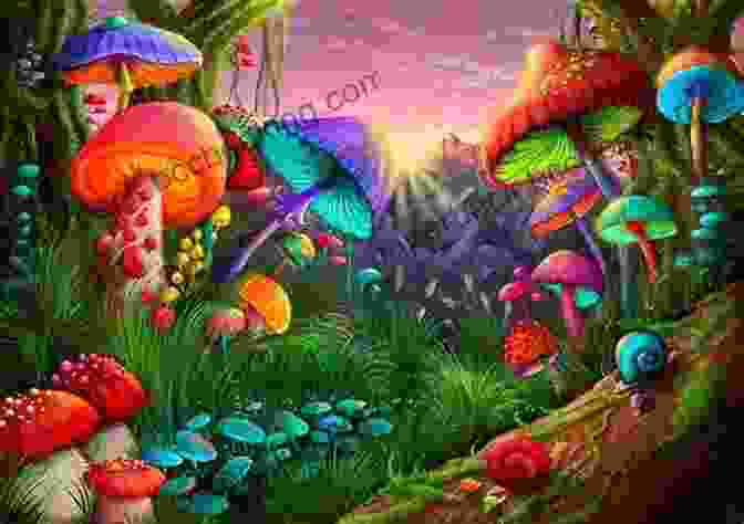 A Vibrant Enchanted Forest With Colorful Mushrooms And Playful Creatures Miss Nancy Uncle Larry And A Lizard Named Kathy